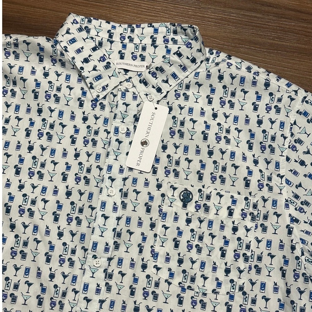 Southern Proper Mens White Cocktail Drink AOP Print Button Up Shirt Sz XL